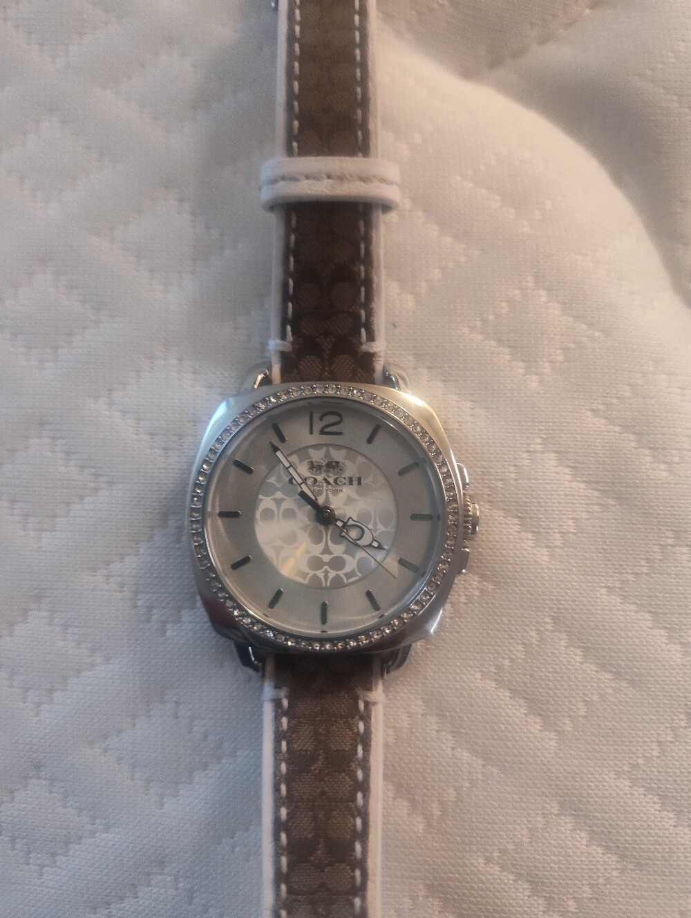 Coach Brown Leather Strap Watch with Silver Dial and White Stitching